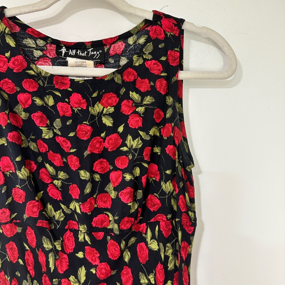 Vintage All That Jazz 90s Rose Floral Rayon Maxi Dress 5/6 Black Red USA